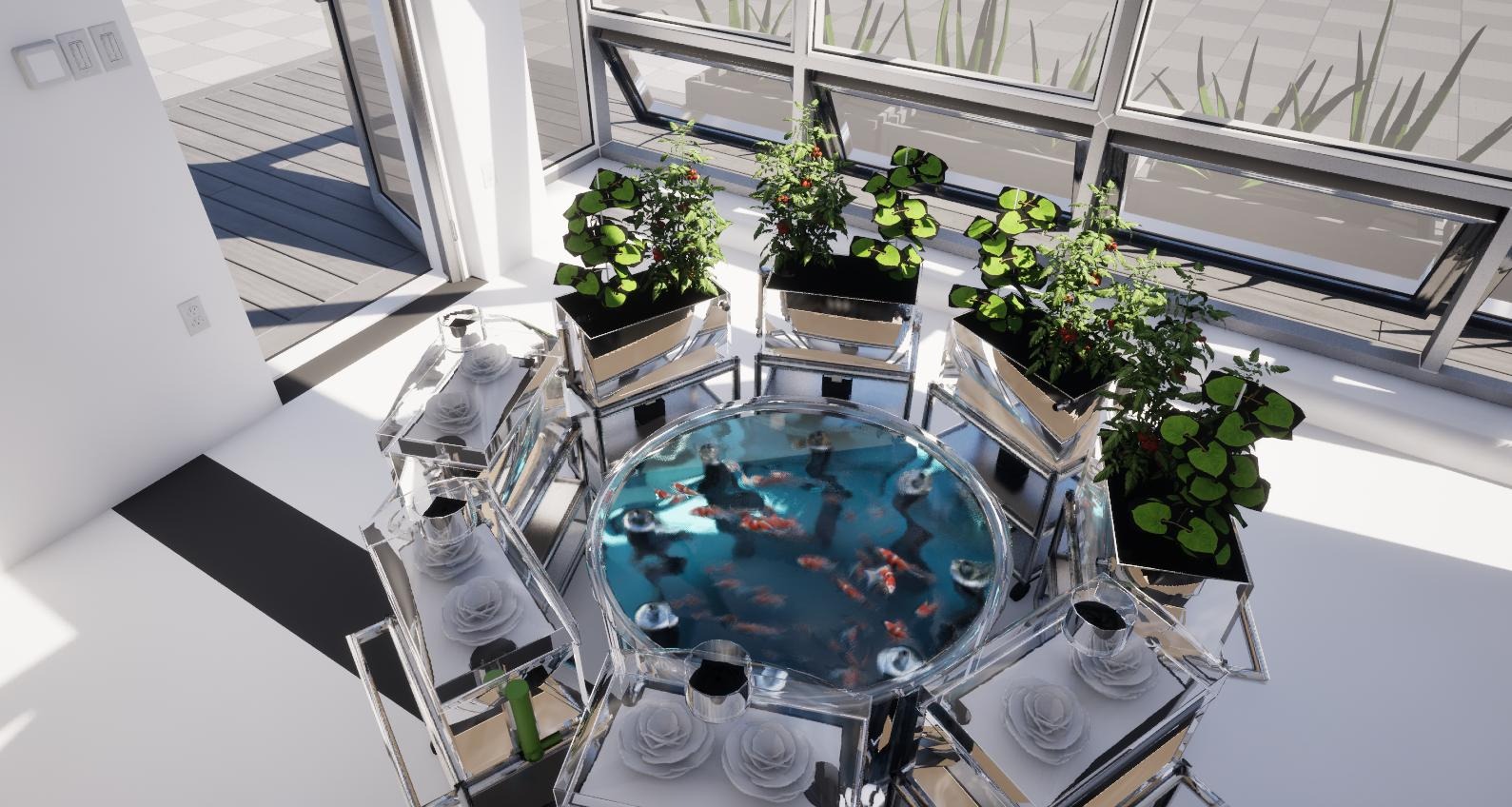 Interior of an integrated aquaponics greenhouse